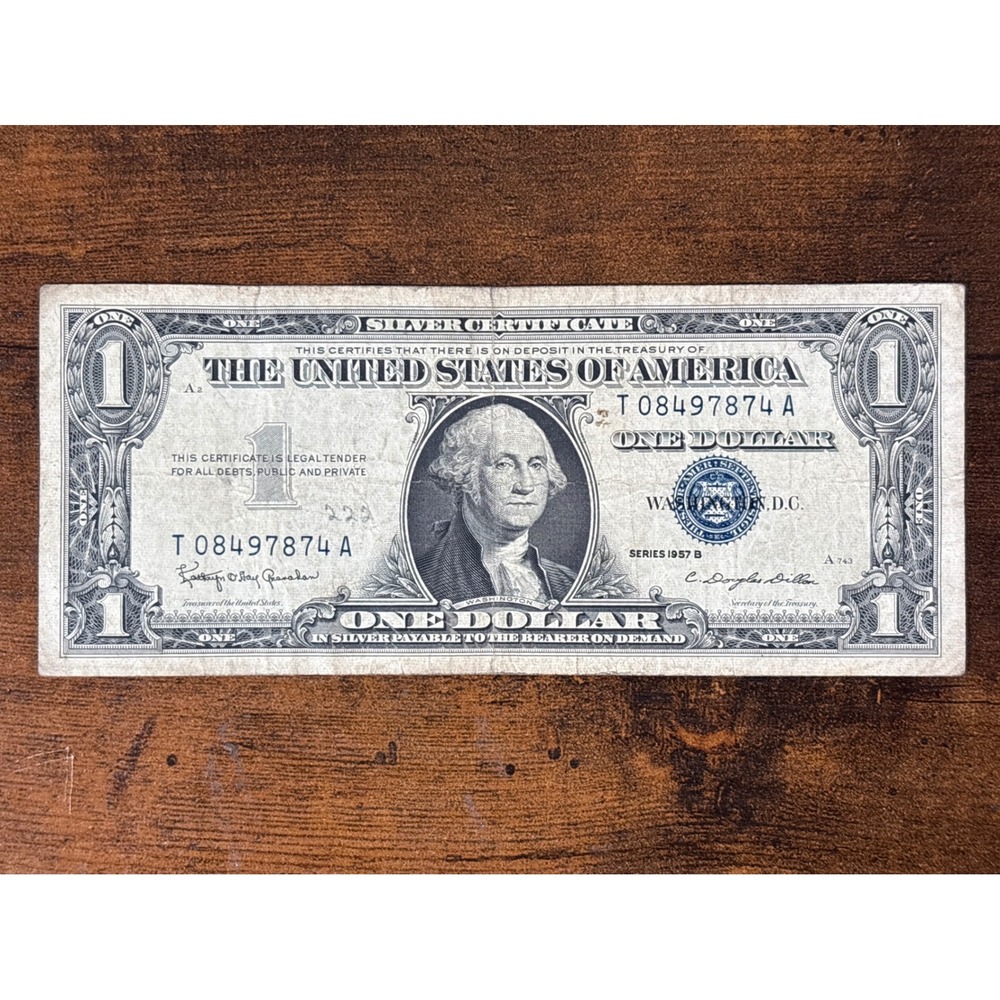 1957 B One Dollar Silver Certificate Blue Seal T08497874A Vintage US Currency